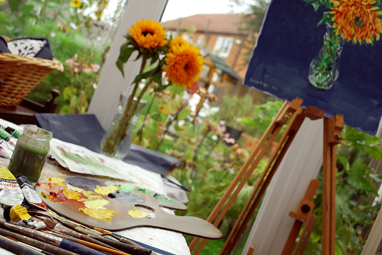 Painting sunflowers in a vase
