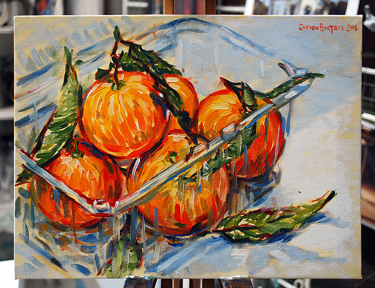 Painting of some clementines in a punnet