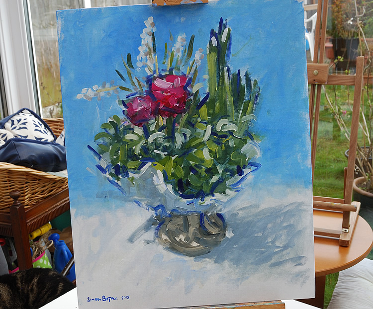 Still life painting in alkyds on canvas board