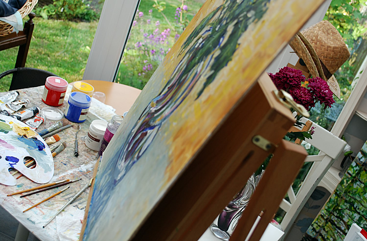 Painting session - chrysanthemums in acrylics