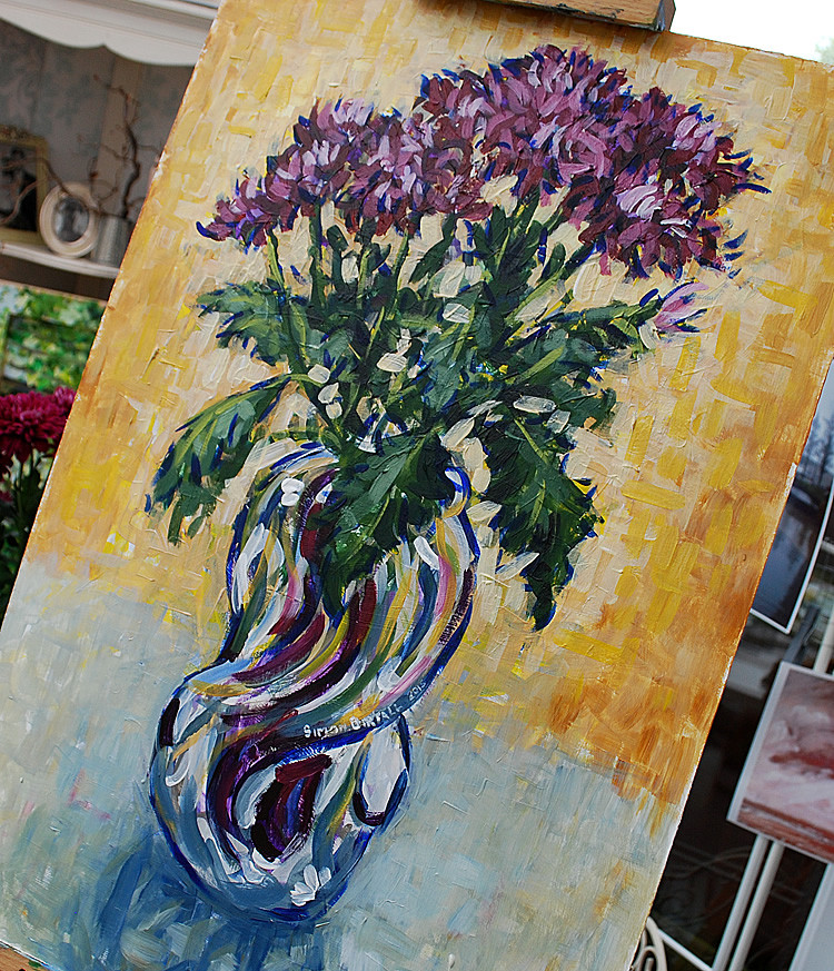 Painting of chrysanthemums in a glass vase