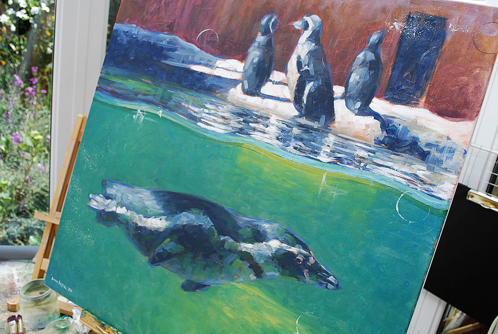 Painting of penguins by Simon Birtall