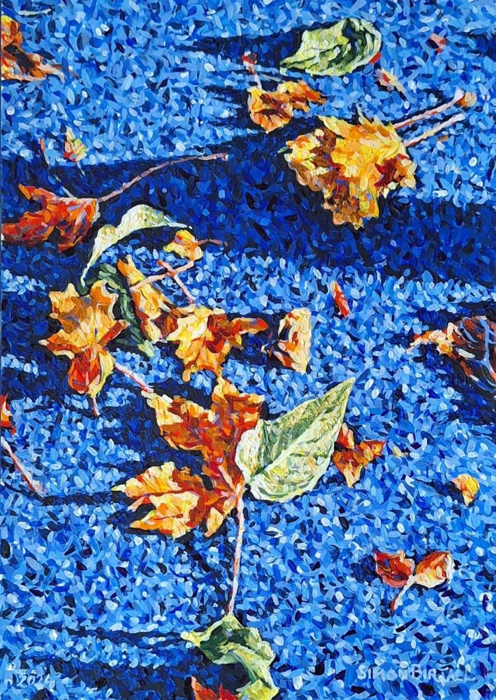 Painting of autumnal leaves on a blue ground by Simon Birtall