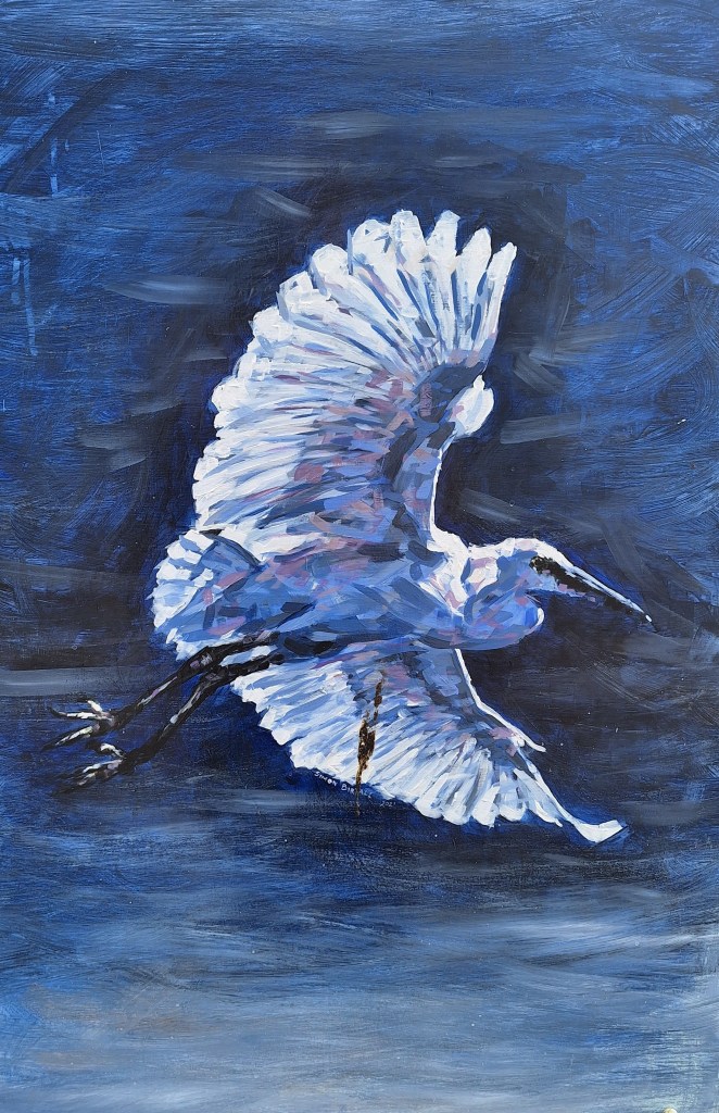 Painting of little egret in flight