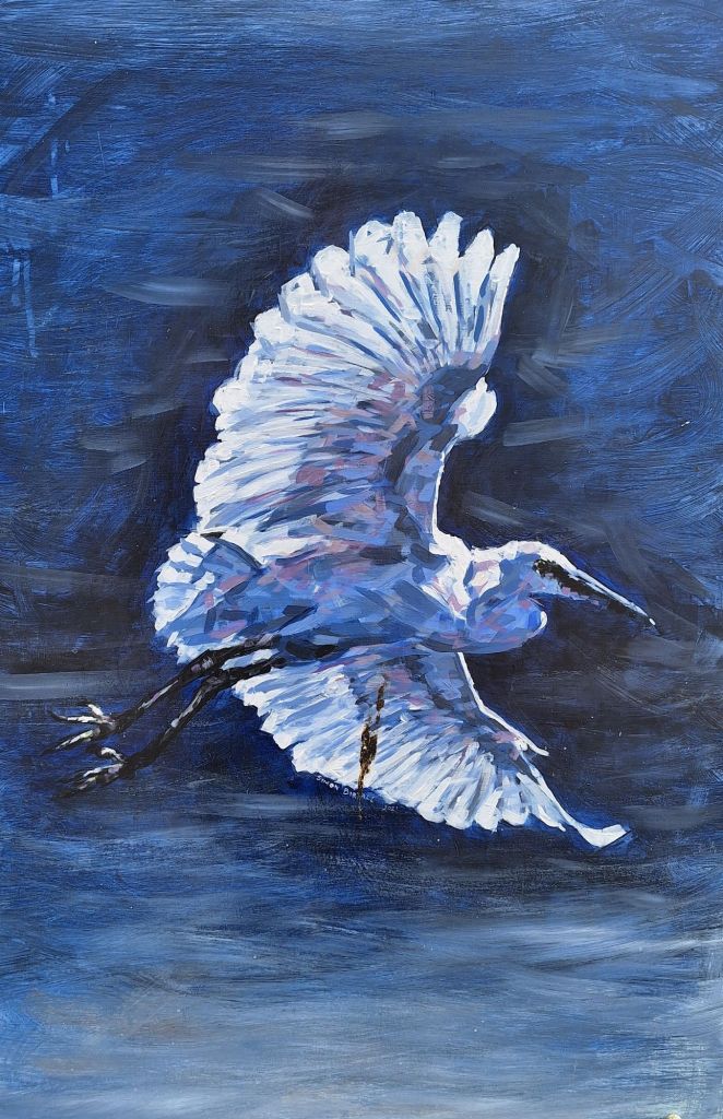 Painting of an egret in flight