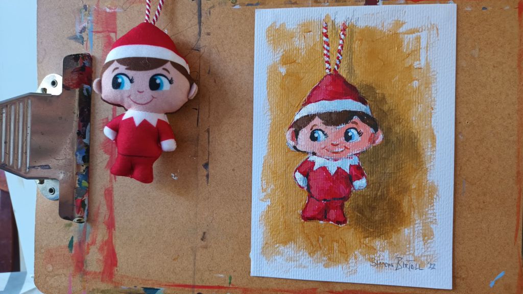 Painting of an elf on the shelf