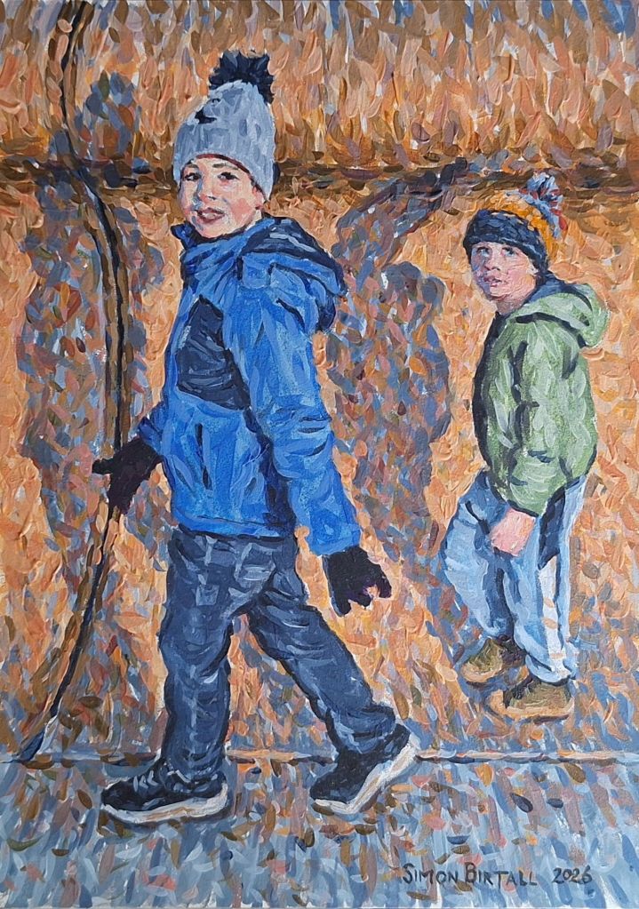 Painting in acrylics on board by Simon Birtall - Wintry afternoon on Blackpool promenade